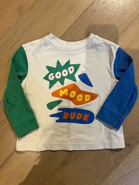 Old Navy White Long-Sleeve 'Good Mood Dude' Tee with Green & Blue Sleeves